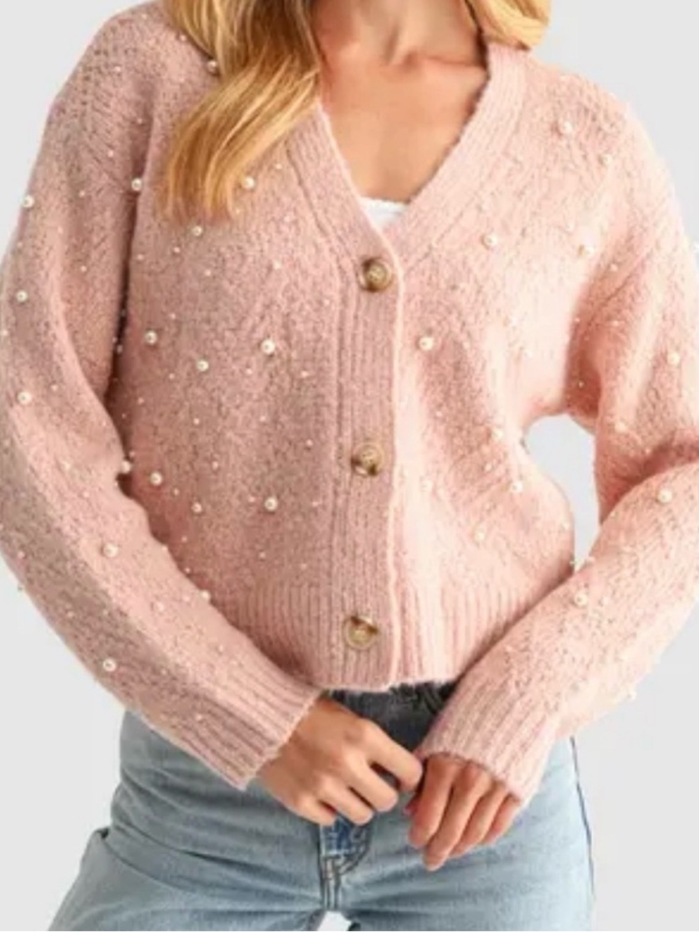 Lush Pearl Embellished Cropped Pink Cardigan Sweater New!